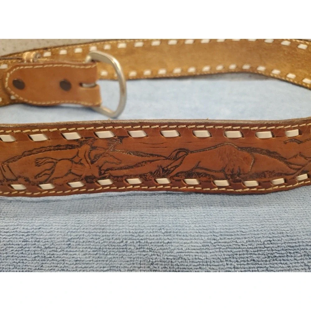 VTG Hand Tooled Leather Belt Mens SZ 40 Buffalo Hunt Topstitch Removeable Buckle